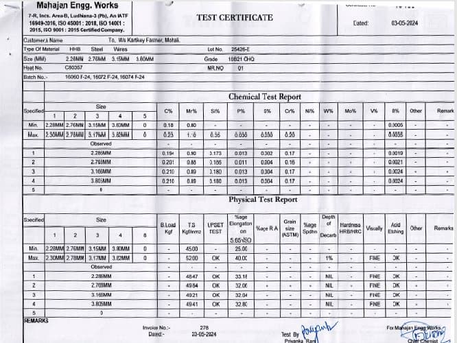 Mill test certificate received with a wire consignment