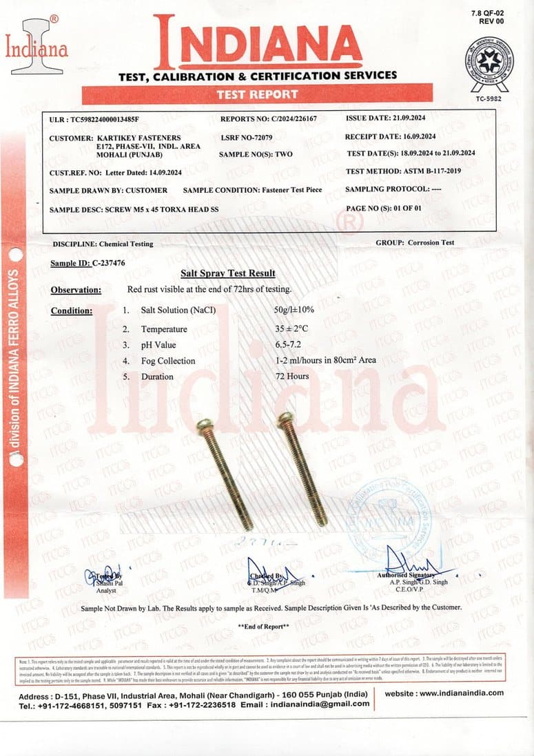 Salt spray test report C/2024/214345