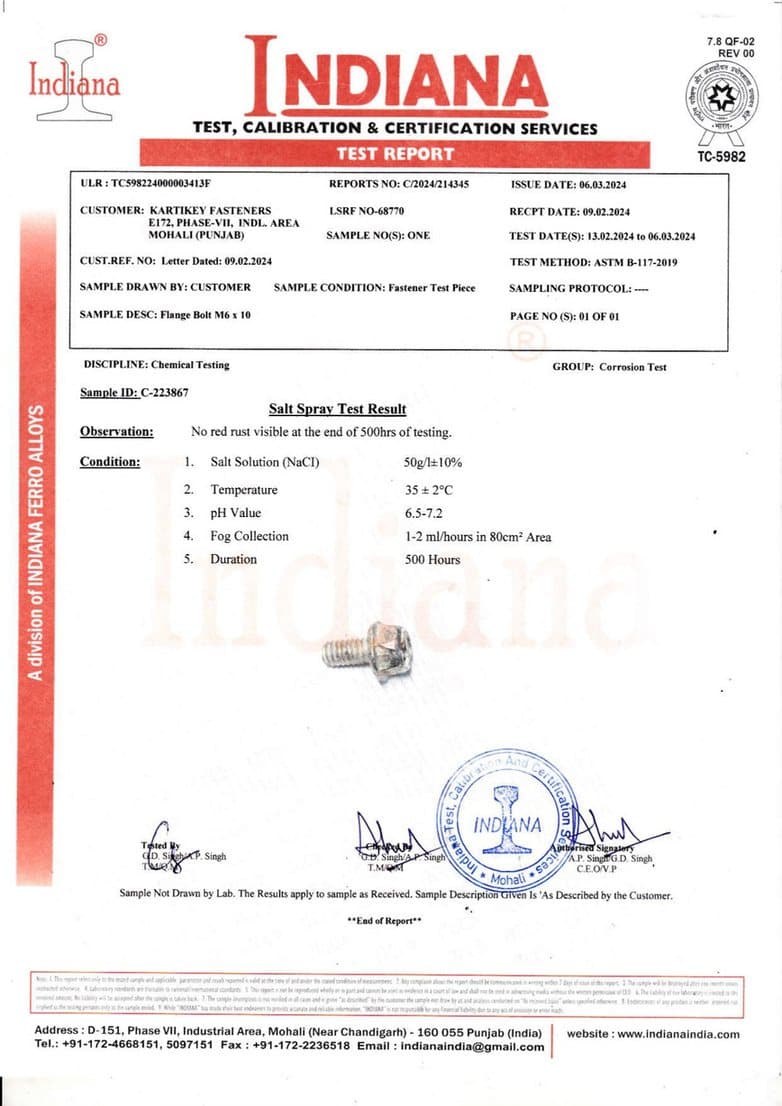 Salt spray test report C/2024/226167